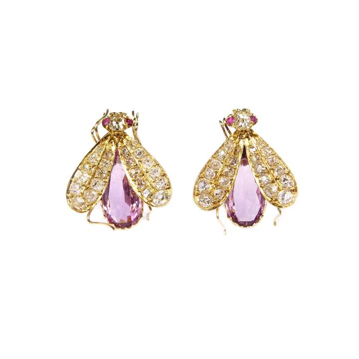 Pair of 19th century diamond and pink topaz fly earrings
